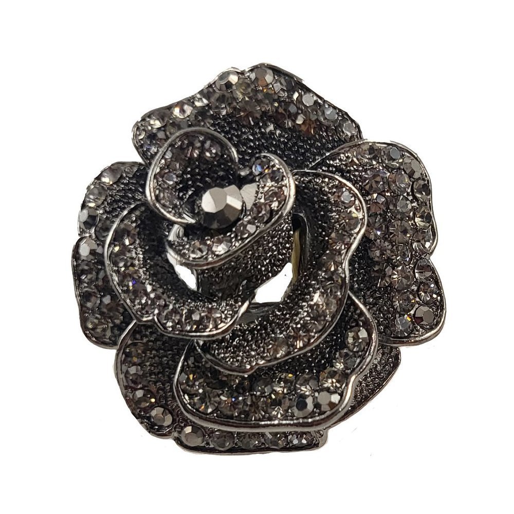 Dark Silver Tone Bejeweled Flower Stretch Cocktail Ring